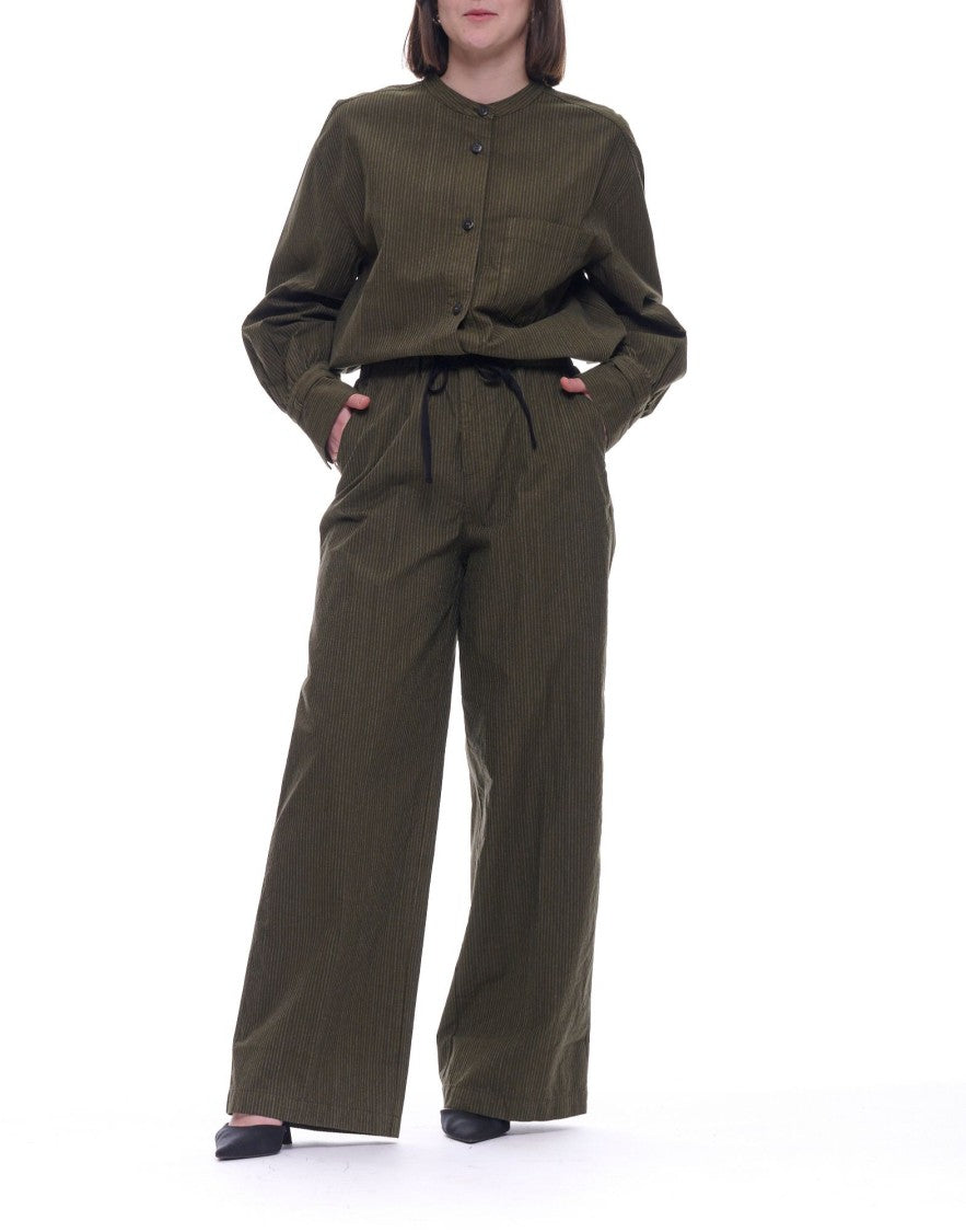 Pomandère Military Green Striped Cotton Loose-Fit Straight-Leg Pants