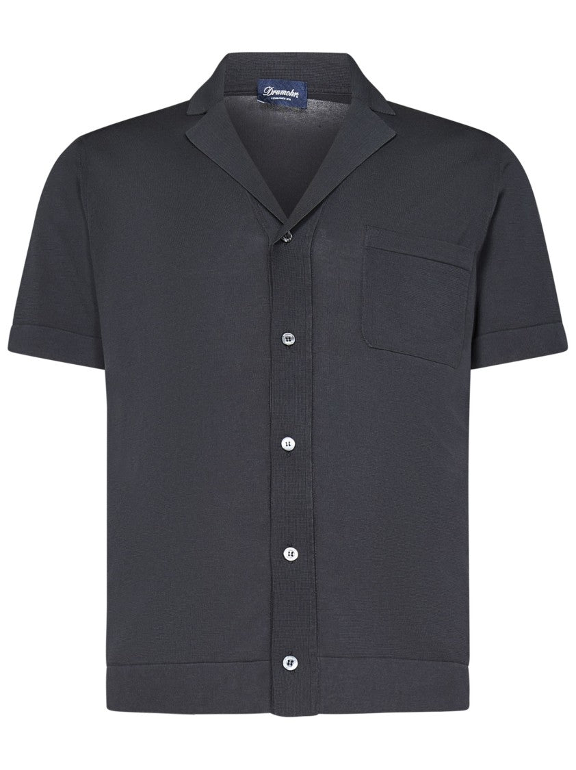 Drumohr Grey Cotton Bowling Shirt With Chest Patch Pocket