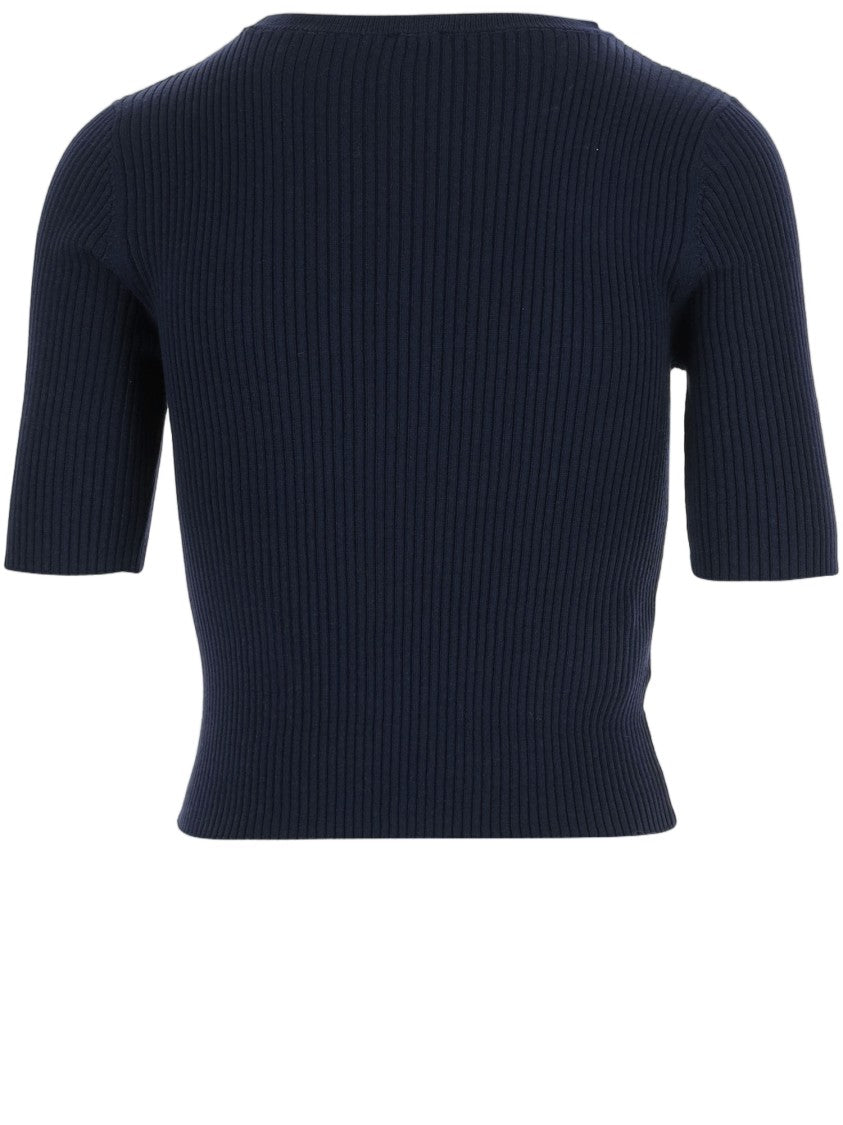 Pinko Blue Ribbed Short-Sleeved Wool-Blend Sweater