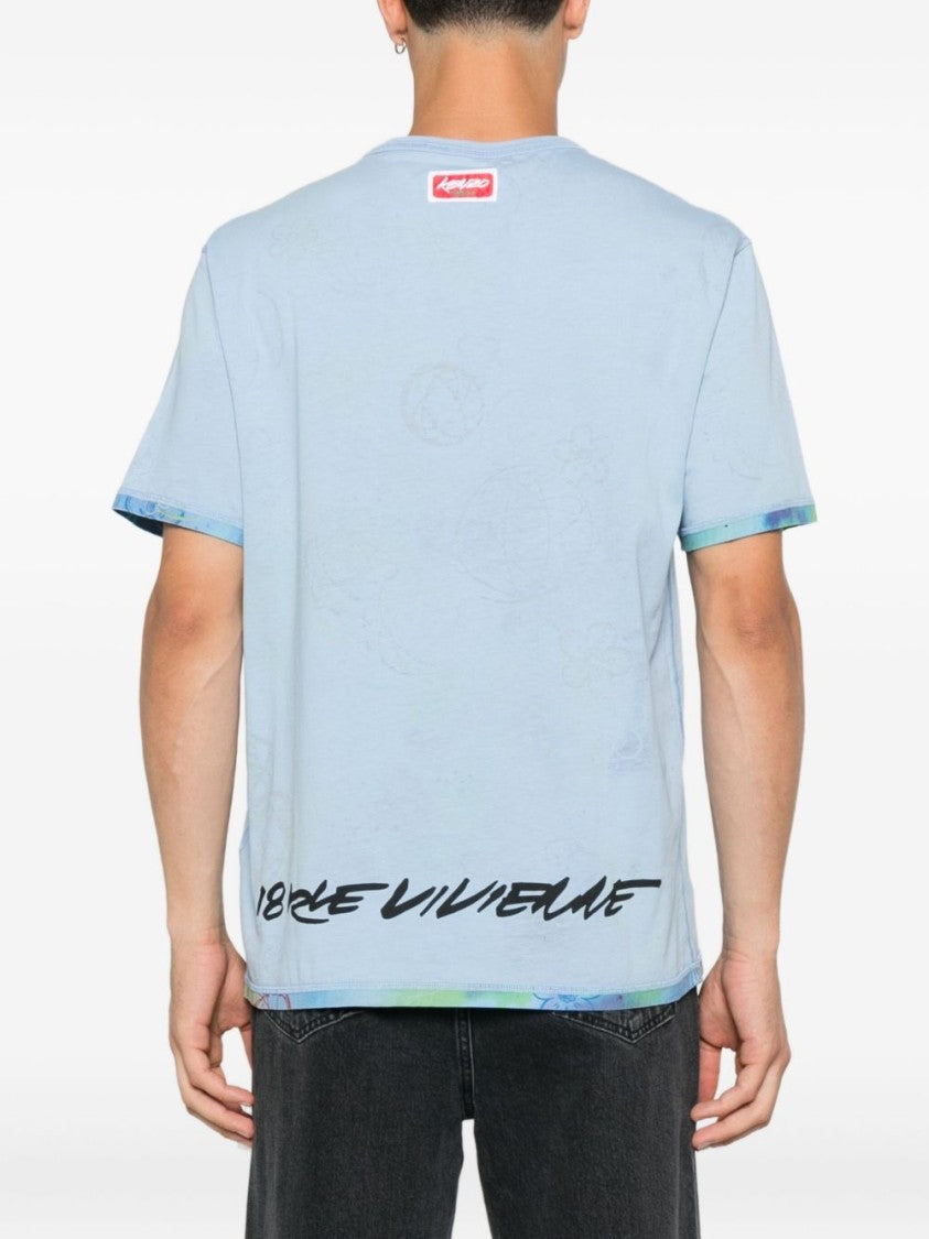 Kenzo Light Blue Logo Print T-Shirt With Floral Detail