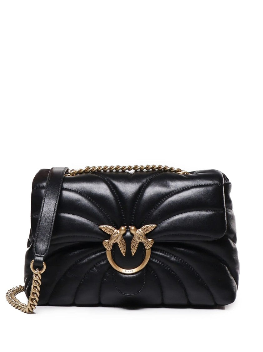 Pinko Quilted Black Handbag With Decorative Emblem And Chain Strap