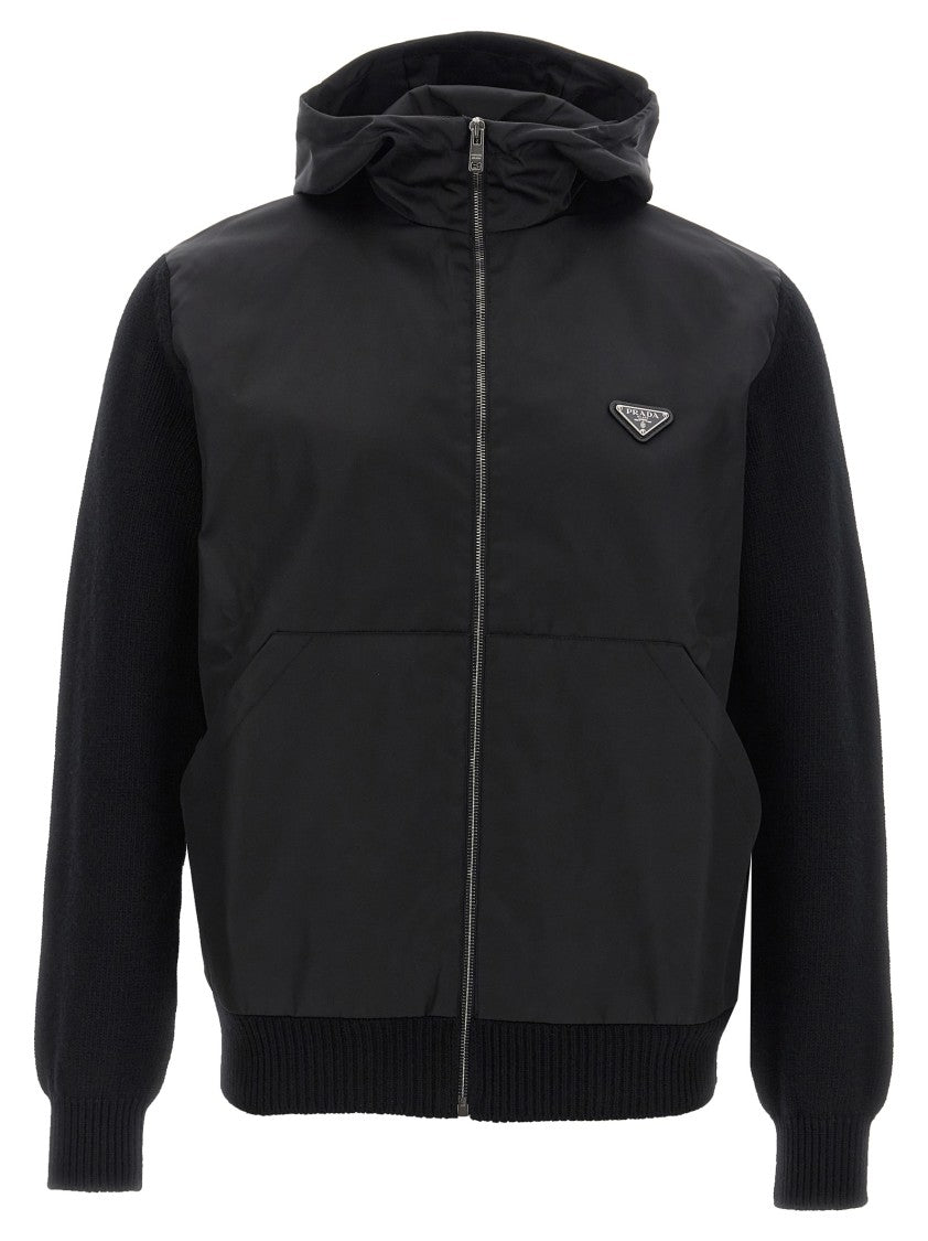 Prada Logo Bimaterial Cardigan