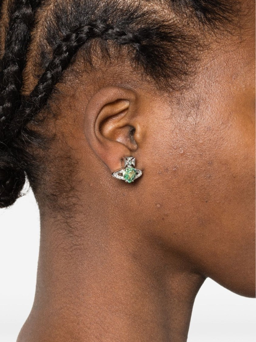 Vivienne Westwood Heart-Shaped Green Gemstone Stud Earrings With Silver-Tone Accents
