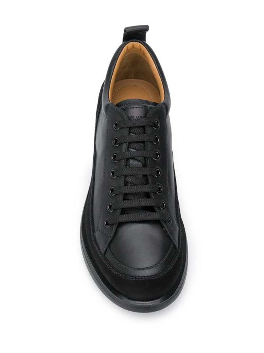 Giorgio Armani Monochromatic Black Leather Trainers With Suede Accents