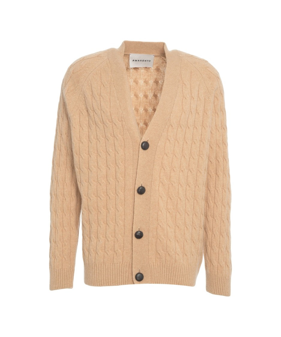 Amaranto Beige Cable Knit Cardigan With Deep V-Neck And Button Closure