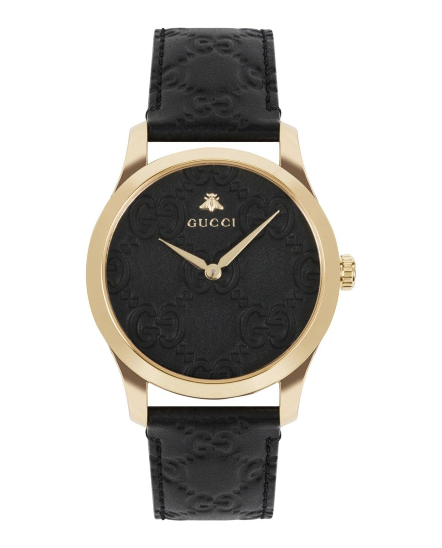 Gucci G-Timeless Ip Yellow Gold Timepiece With Black Leather Strap