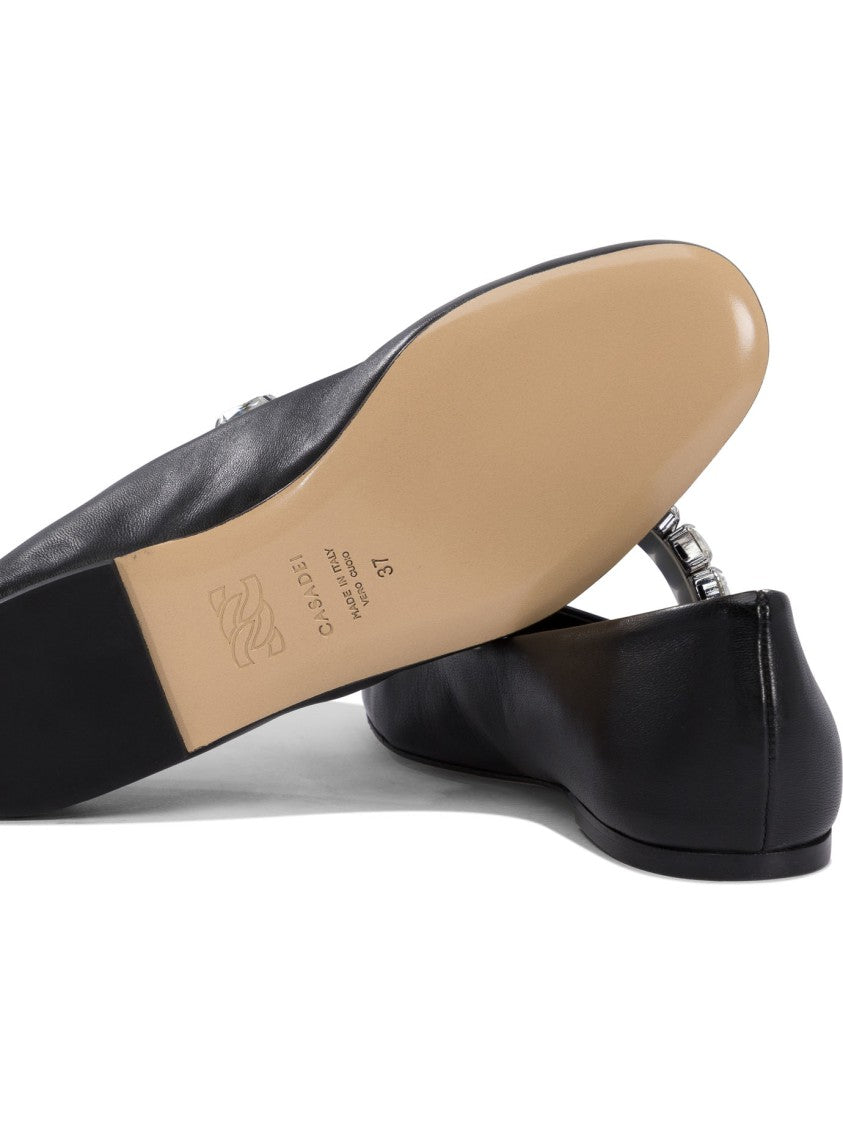 Casadei Crystal-Embellished Black Leather Ballerinas