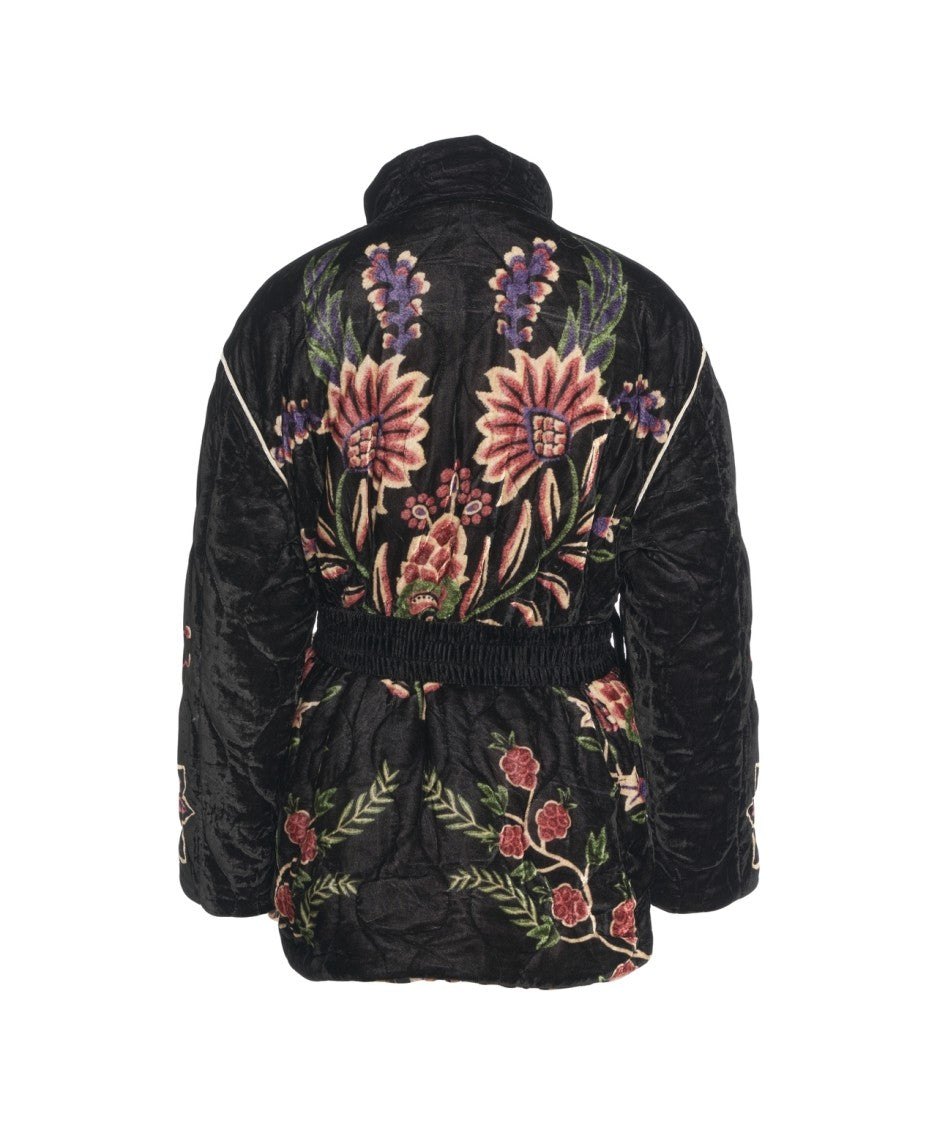 Farm Rio Padded Velvet Jacket With Floral And Bird Embroidery