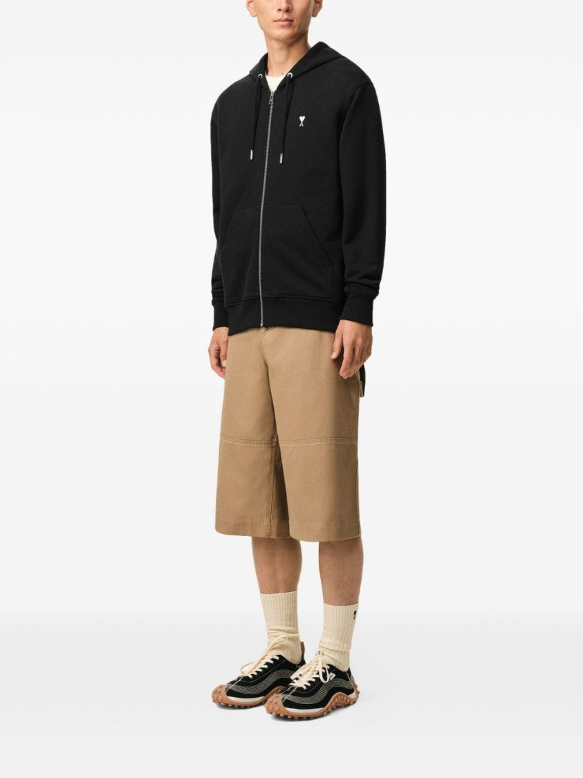 Ami Paris Hooded Zip-Through Sweater With Heart Embroidery