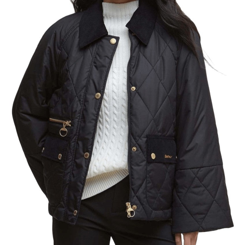 Barbour Diamond Quilted Jacket With Velvet Collar And Double Closure