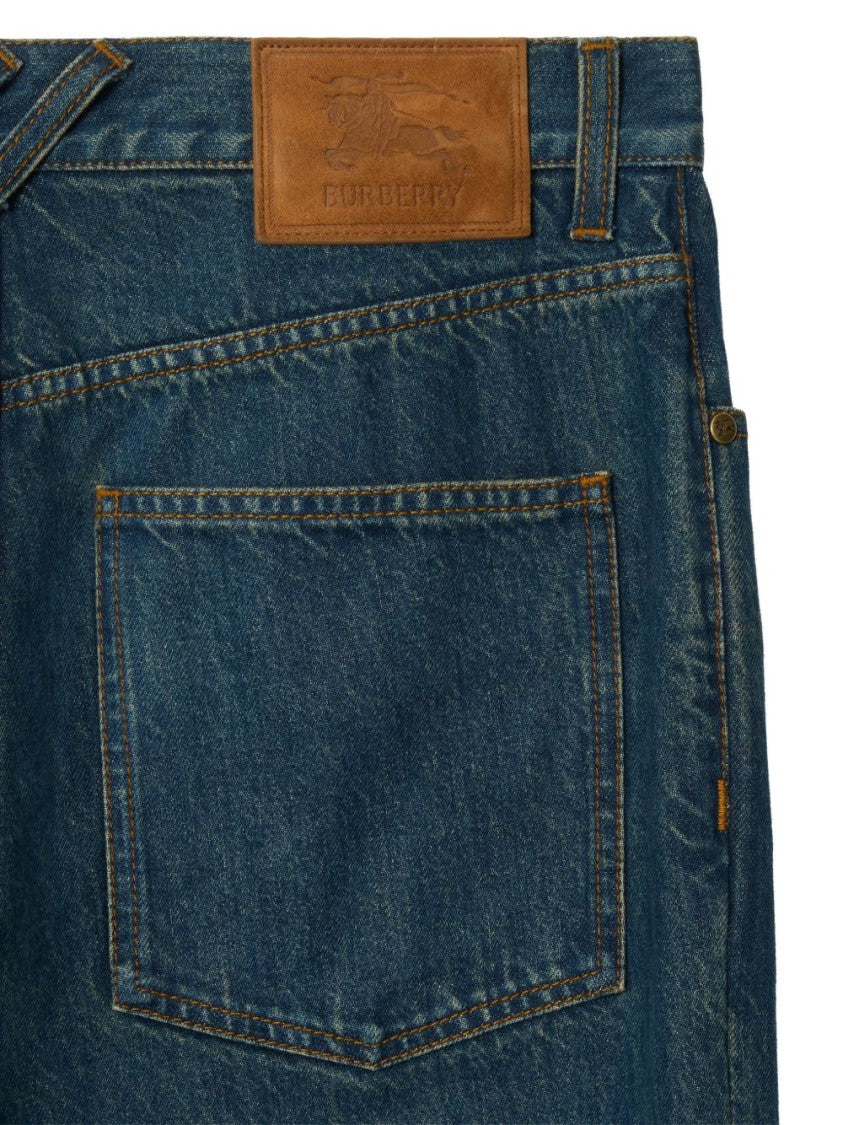 Burberry Blue Check Patterned Hem Cotton Jeans