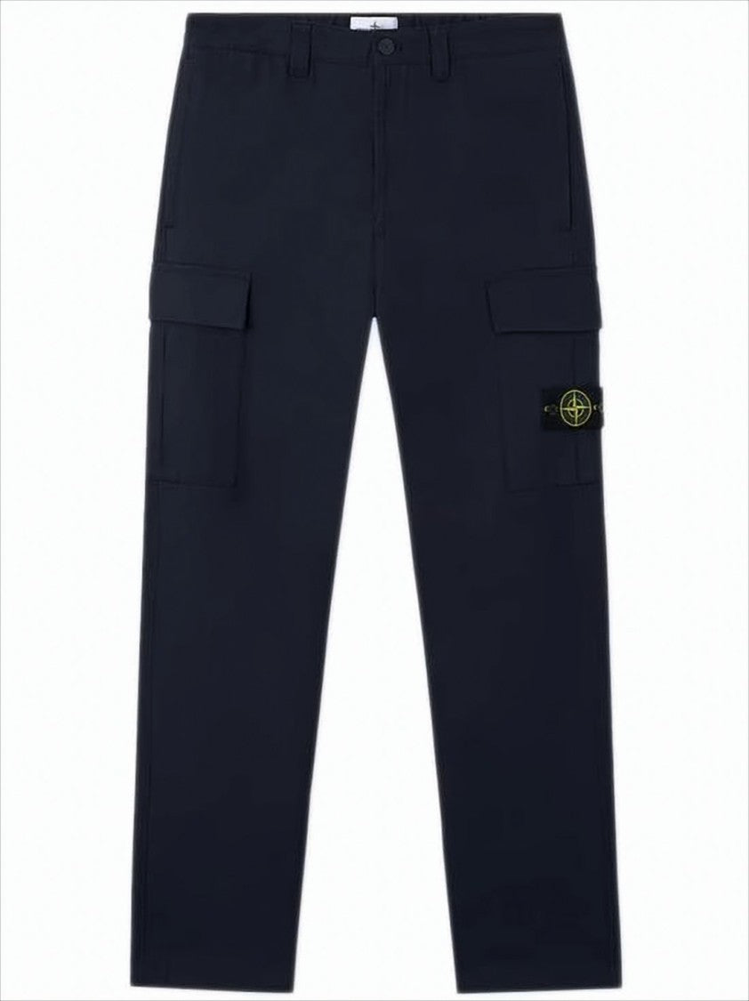 Stone Island Structured Blue Cotton Cargo Pants With Signature Patch