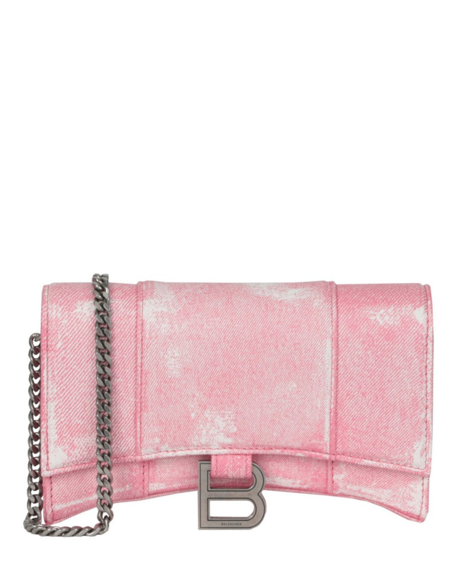 Balenciaga Denim Print Hourglass Wallet On A Chain