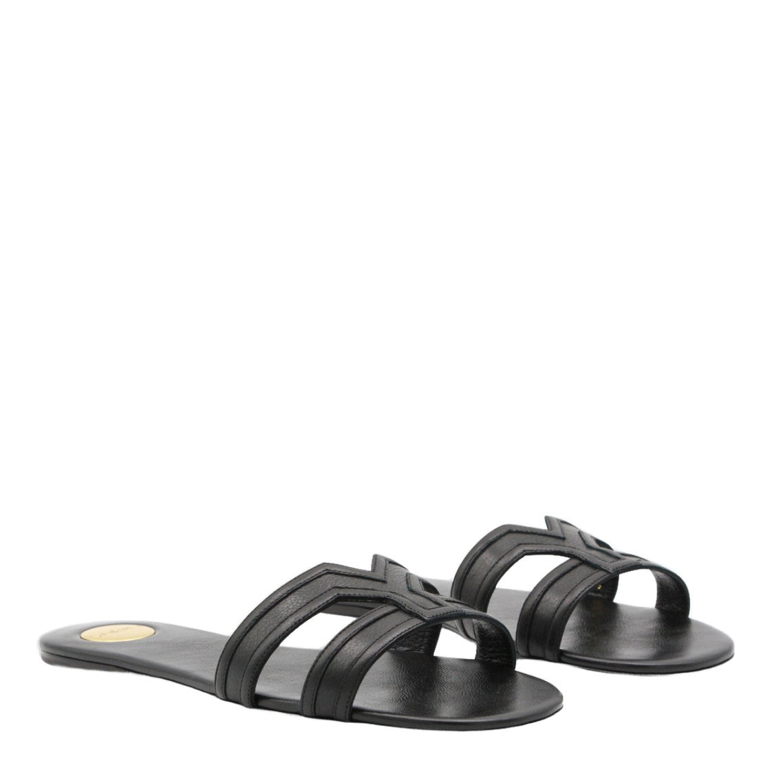 Saint Laurent Sleek Minimalist Black Flats With Textured Strap And Gold Accent