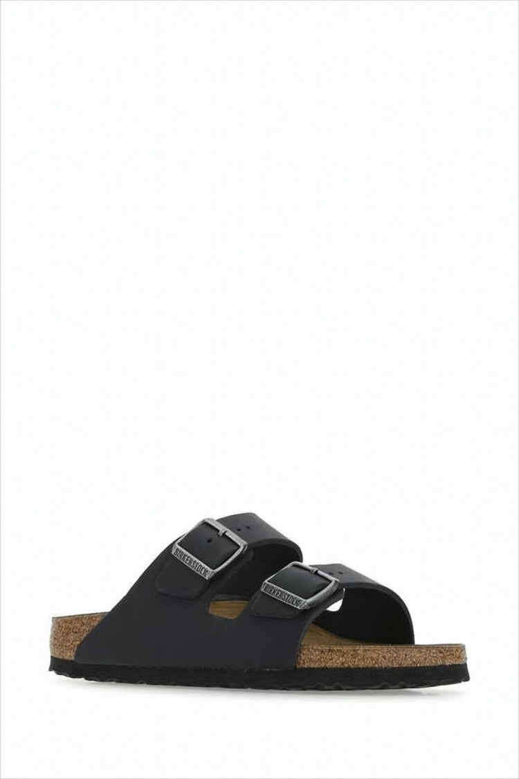 Birkenstock Two-Strap Black Leather Slide Sandals