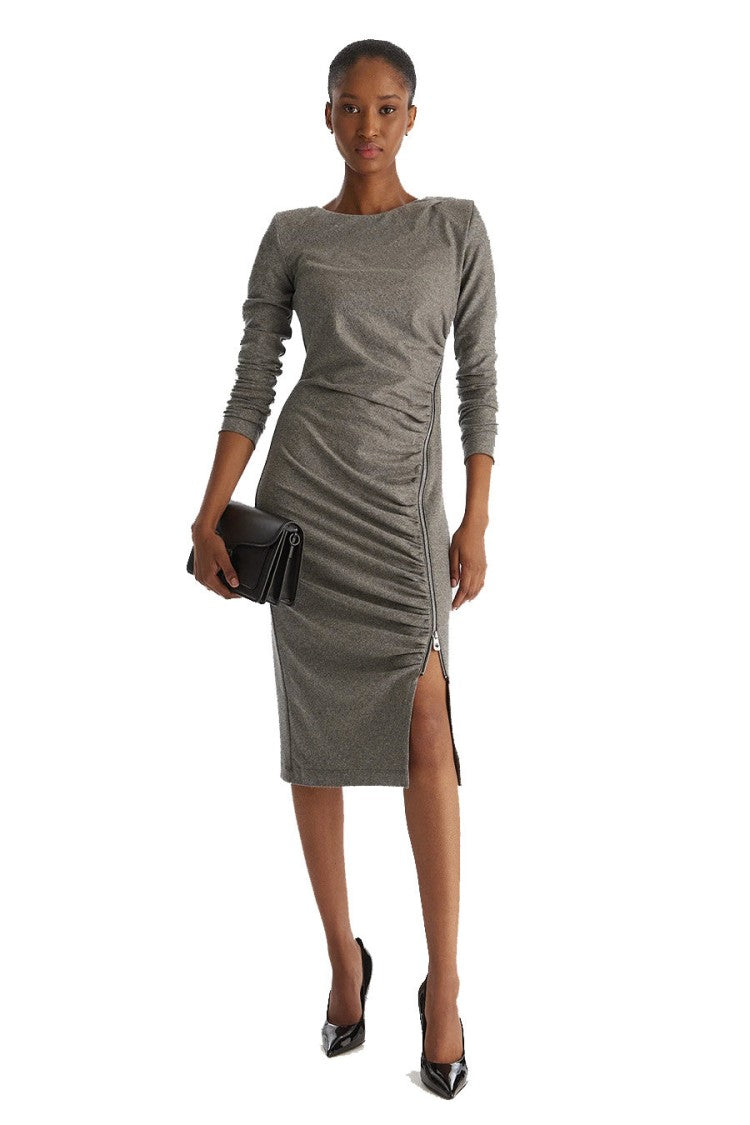 Pinko Grey Ruched Long-Sleeve Polyester-Blend Midi Dress