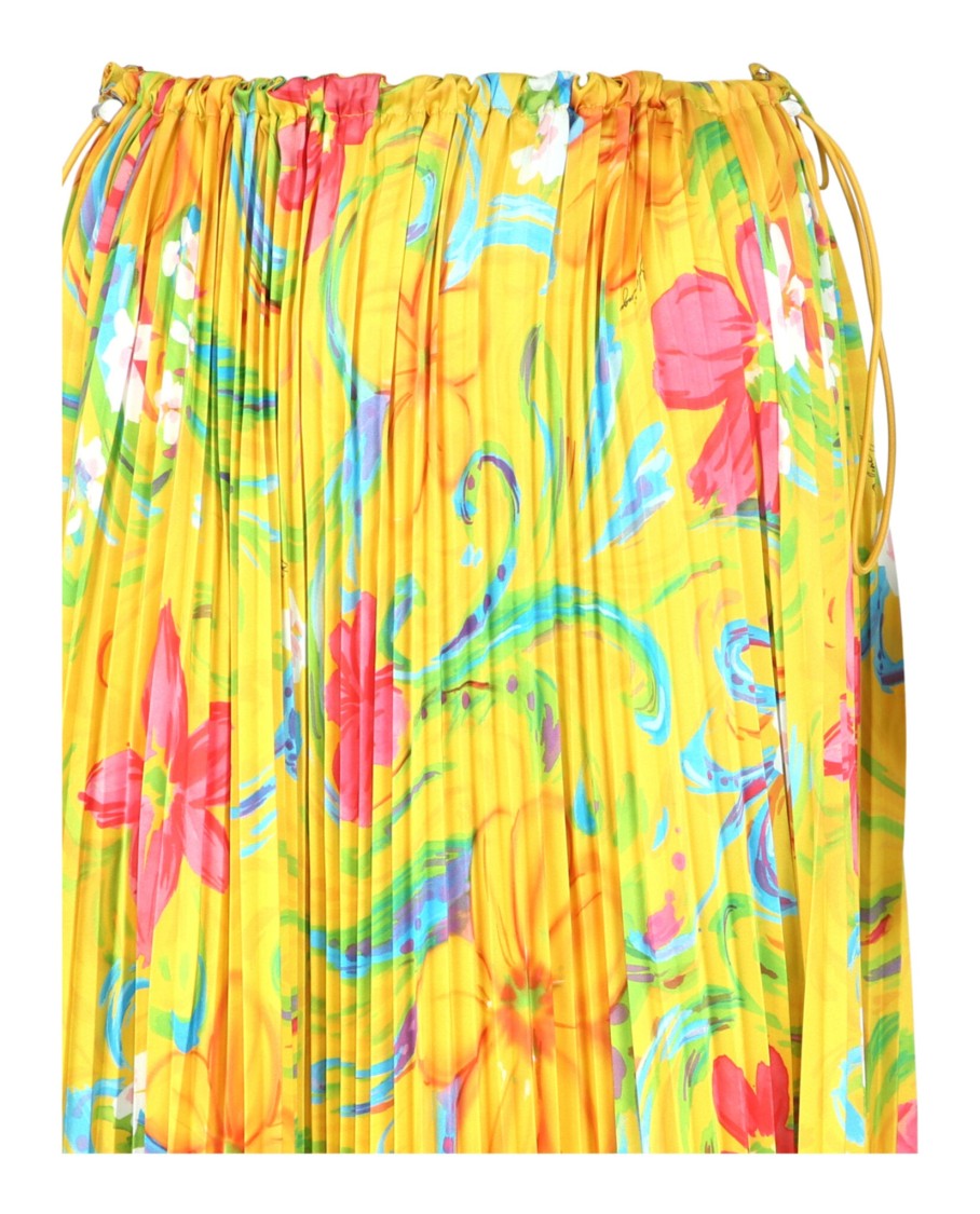 Balenciaga Neon Floral-Print Pleated Midi Skirt With Adjustable Drawstring