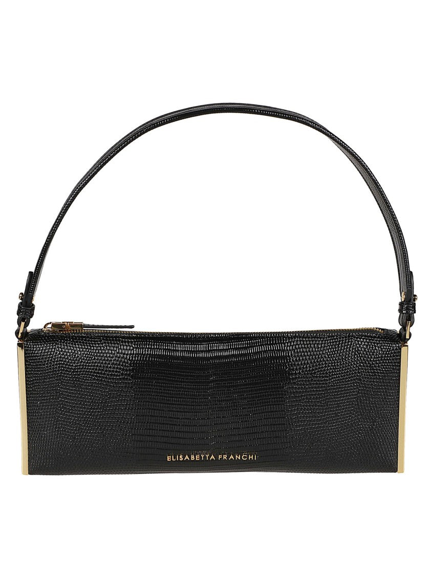 Elisabetta Franchi Textured Shoulder Bag With Gold Accents And Embossed Logo