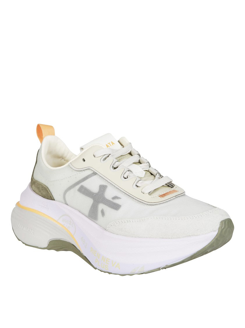 Premiata Light Beige Sneakers With Olive Green Suede Accents