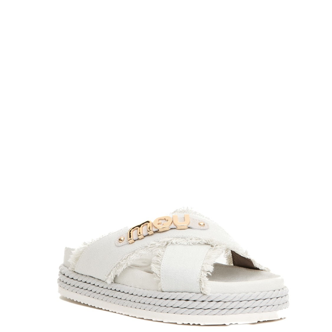 Mou Cross-Strap Canvas Sandals With Frayed Edges