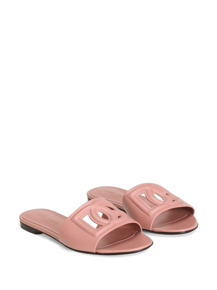 Dolce & Gabbana Pastel Pink Leather Slipper With Embossed Logo