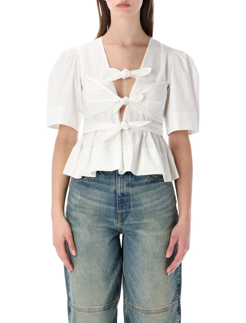 Ganni Washed Stretch Cotton Triple Bow Blouse
