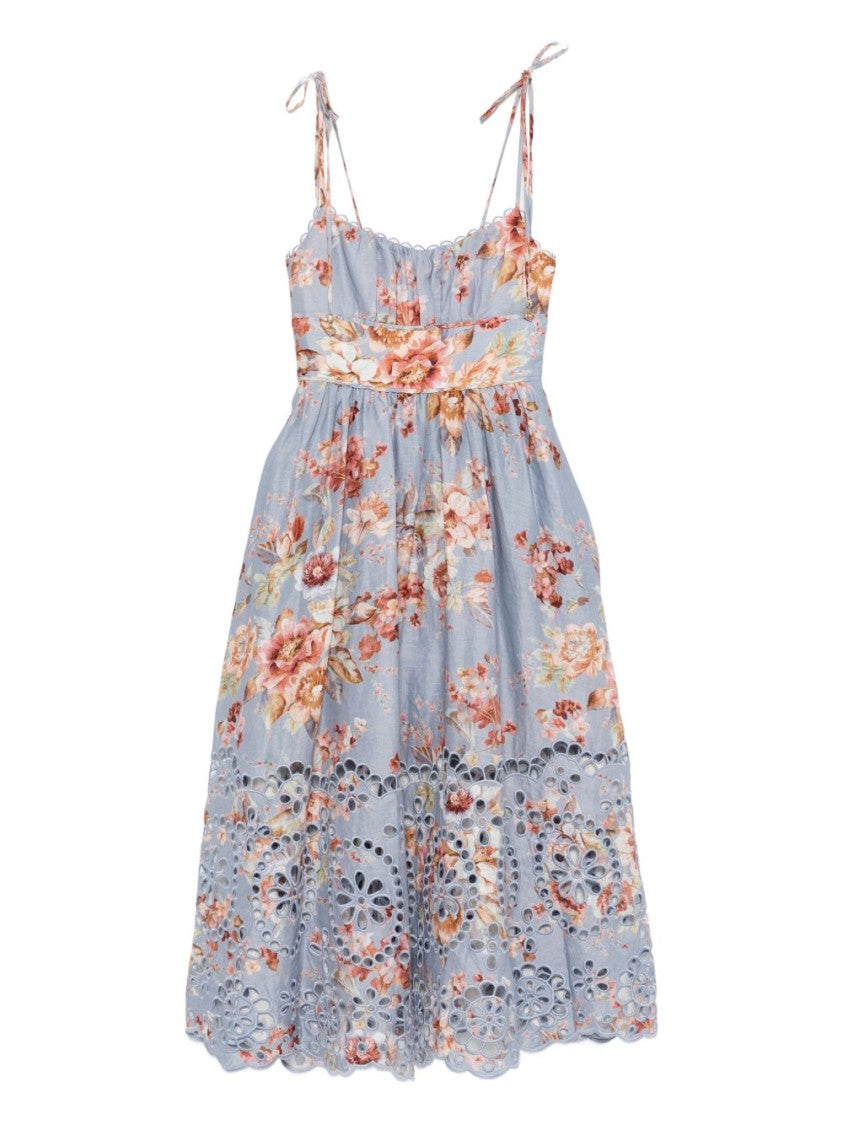 Zimmermann Floral Print Midi Dress With Scalloped Bodice