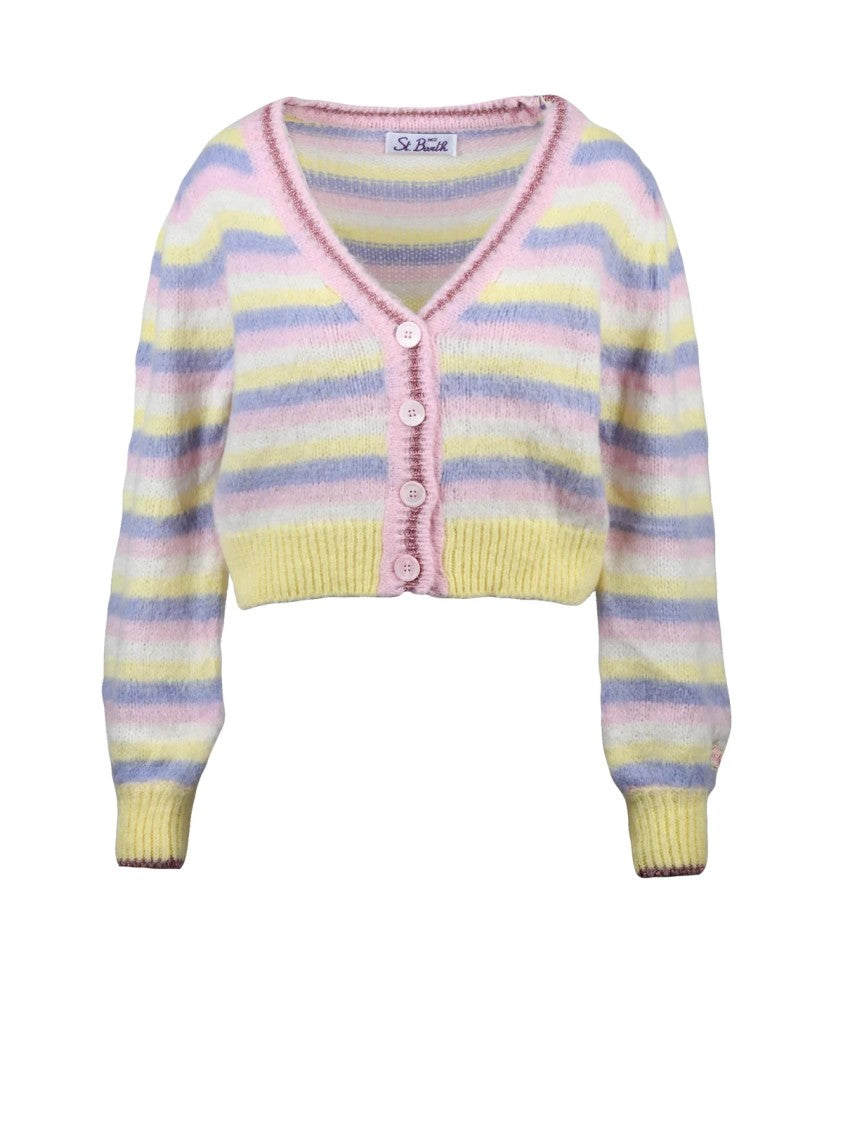 Mc2 Saint Barth White Acrylic-Blend Striped Cardigan