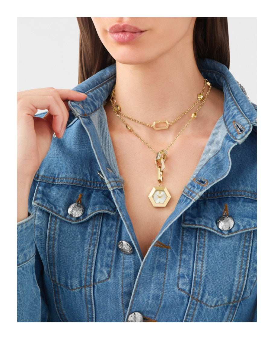 Philipp Plein Hexagon Crystal Necklace Watch With Gold Sunray Dial
