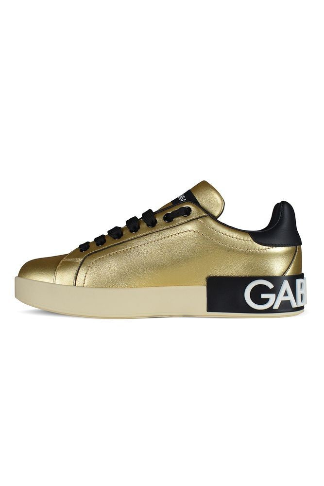Dolce & Gabbana Gold Leather Sneakers With Contrasting Black Details