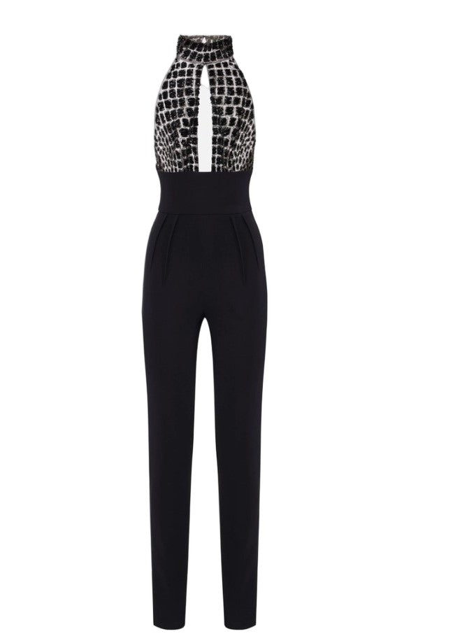 Elisabetta Franchi Tulle And Crepe Jumpsuit With Coconut Embroidery