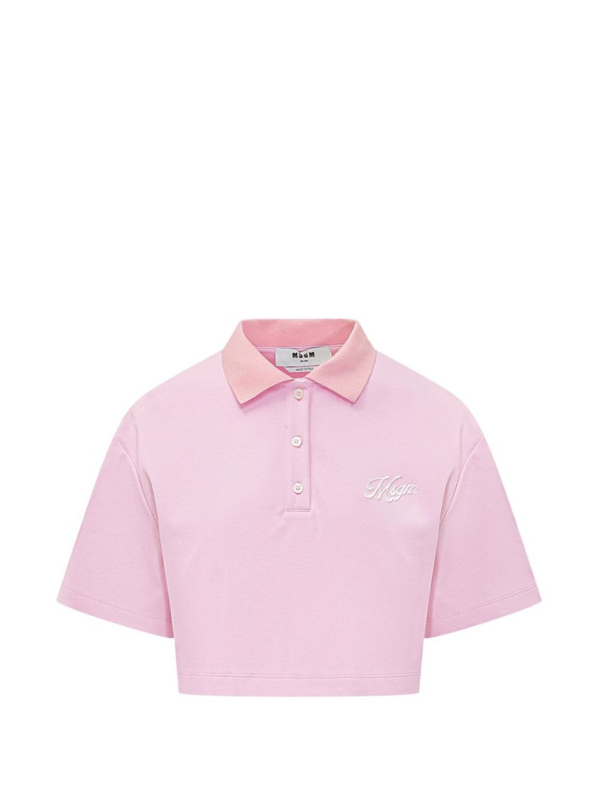 Msgm Cropped Pink Polo With White Collar And Logo Embroidery