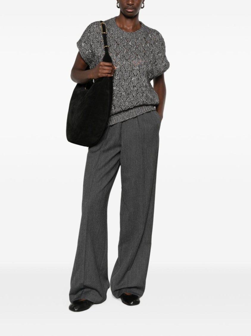 Fabiana Filippi Grey Boxy Textured Knit Short Sleeve Sweater