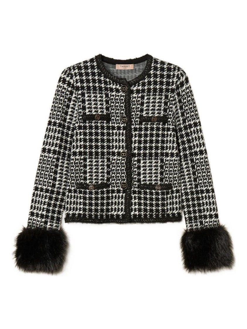 Twin-Set Houndstooth Pattern Jacket With Faux Fur Accents