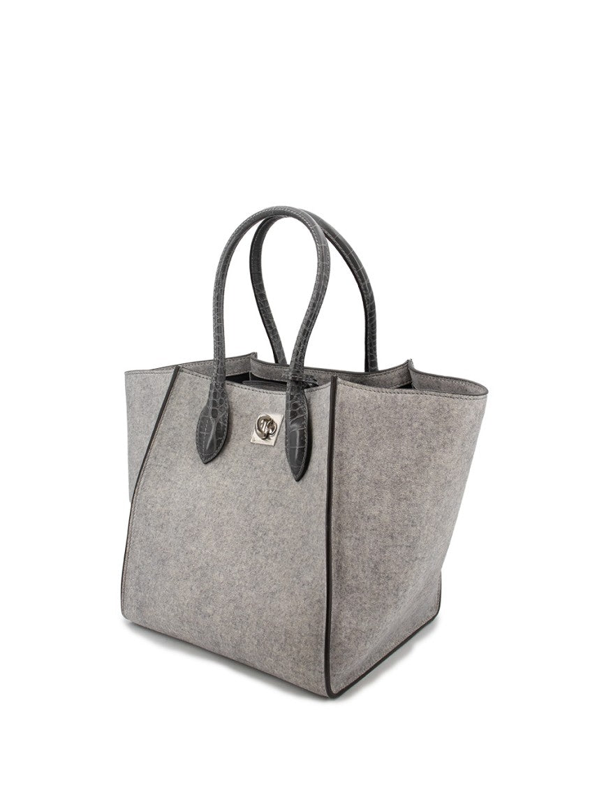 Ermanno Scervino Trapezoidal Melange Texture Handbag With Crocodile-Print Accents