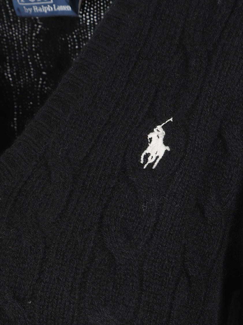 Polo Ralph Lauren Fitted Black Cable-Knit Sweater With V-Neckline
