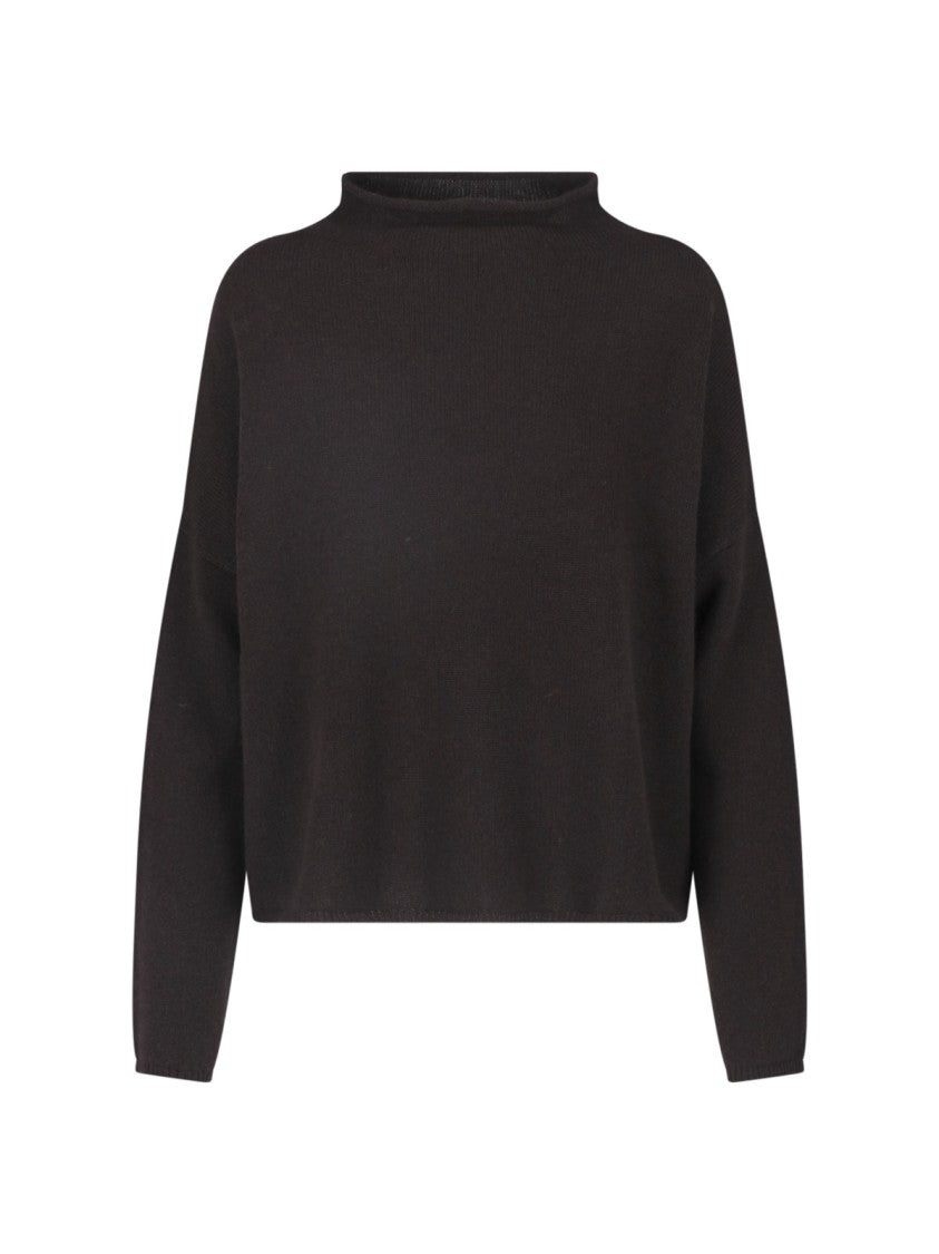 Lisa Yang Black Boxy High Round Neck Fine Knit Sweater