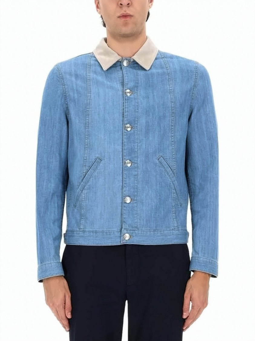 Brunello Cucinelli Light Blue Wash Denim Jacket With Contrasting Beige Collar