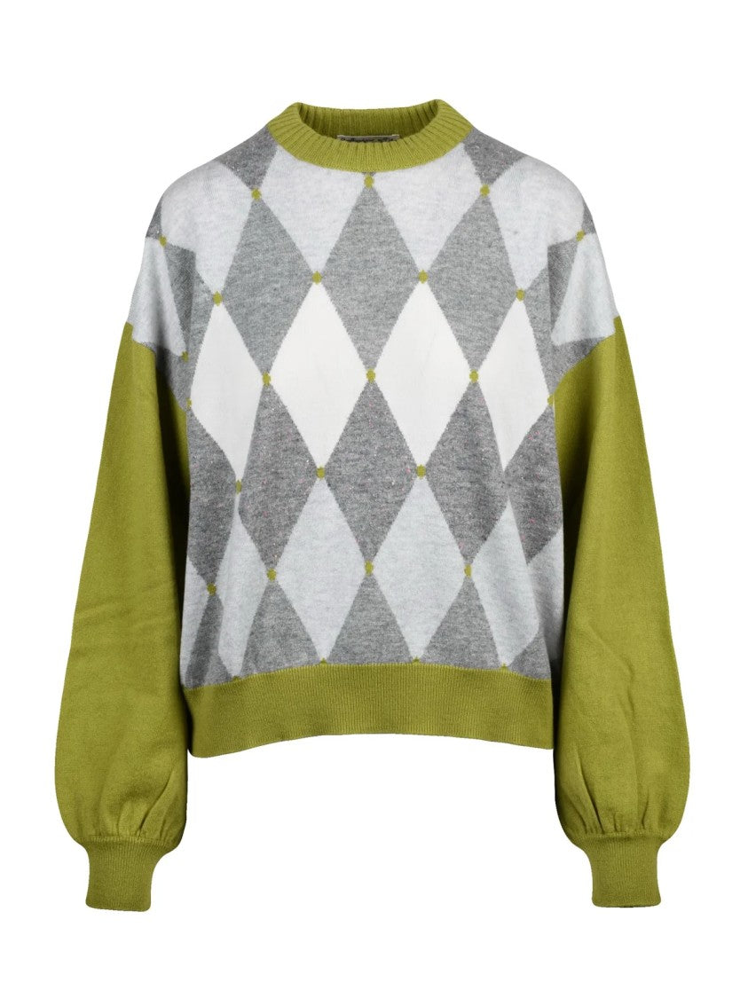 Ballantyne Crewneck Sweater With Bold Argyle Pattern And Puff Sleeves