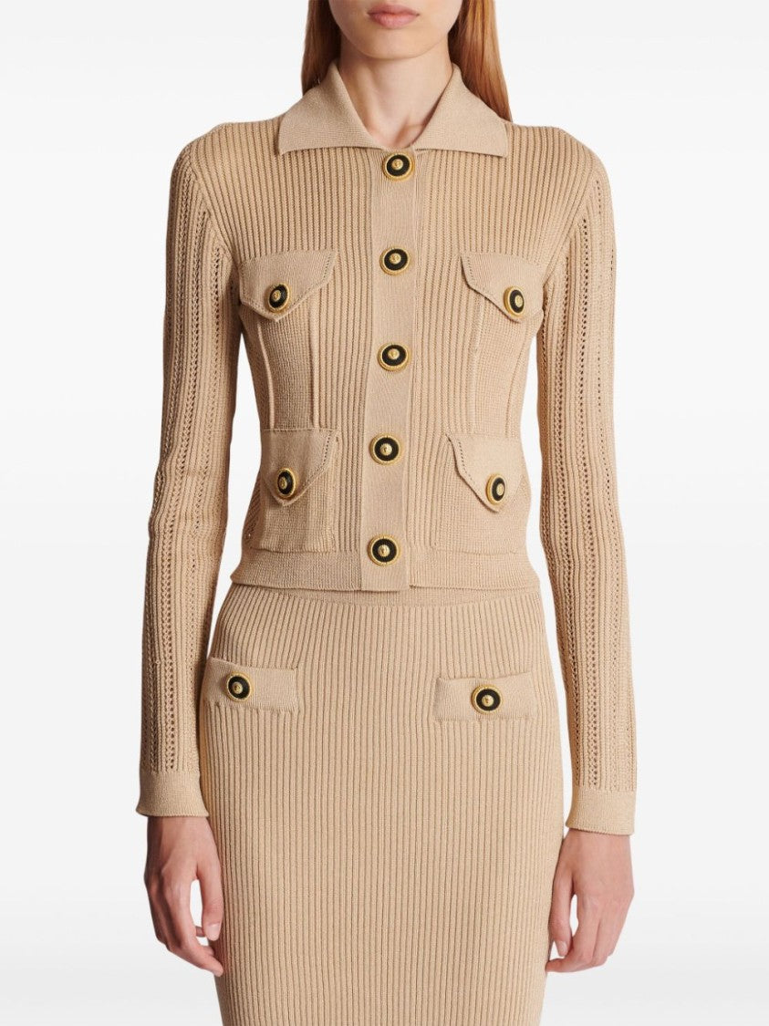 Balmain Cropped Ribbed Knit Sweater With Classic Collar And Button Details