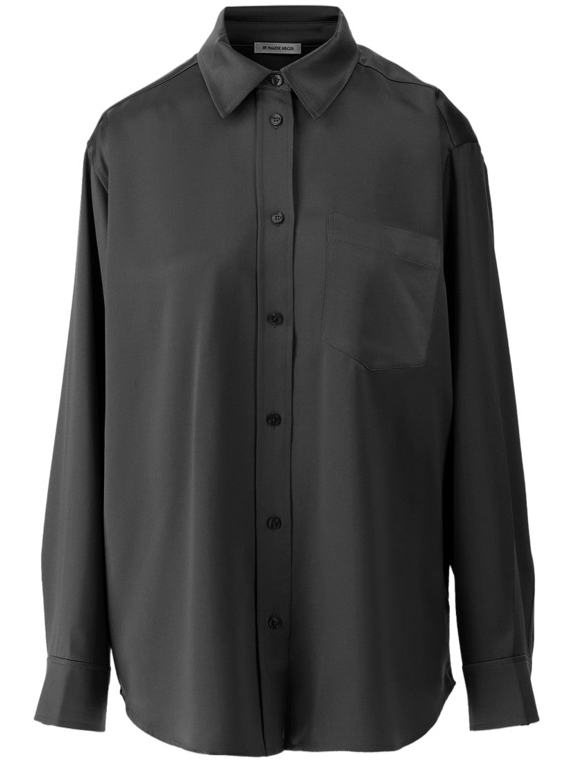 By Malene Birger Satin-Finish Black Shirt With Pointed Collar And Curved Hem