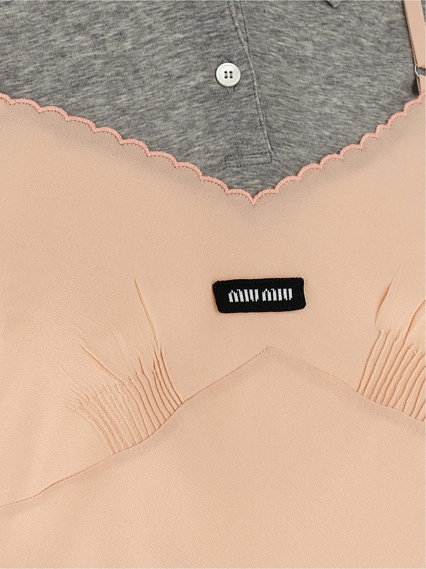 Miu Miu Layered Hybrid Top With Scalloped Edges And Front Logo Patch