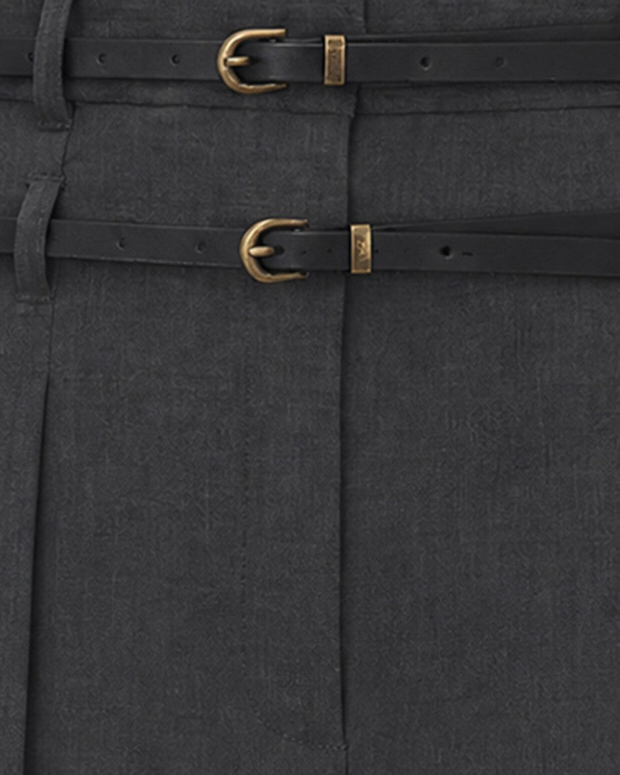 Liu Jo Wide-Leg Dark Grey Melange Flannel Trousers With Double-Belt Detail