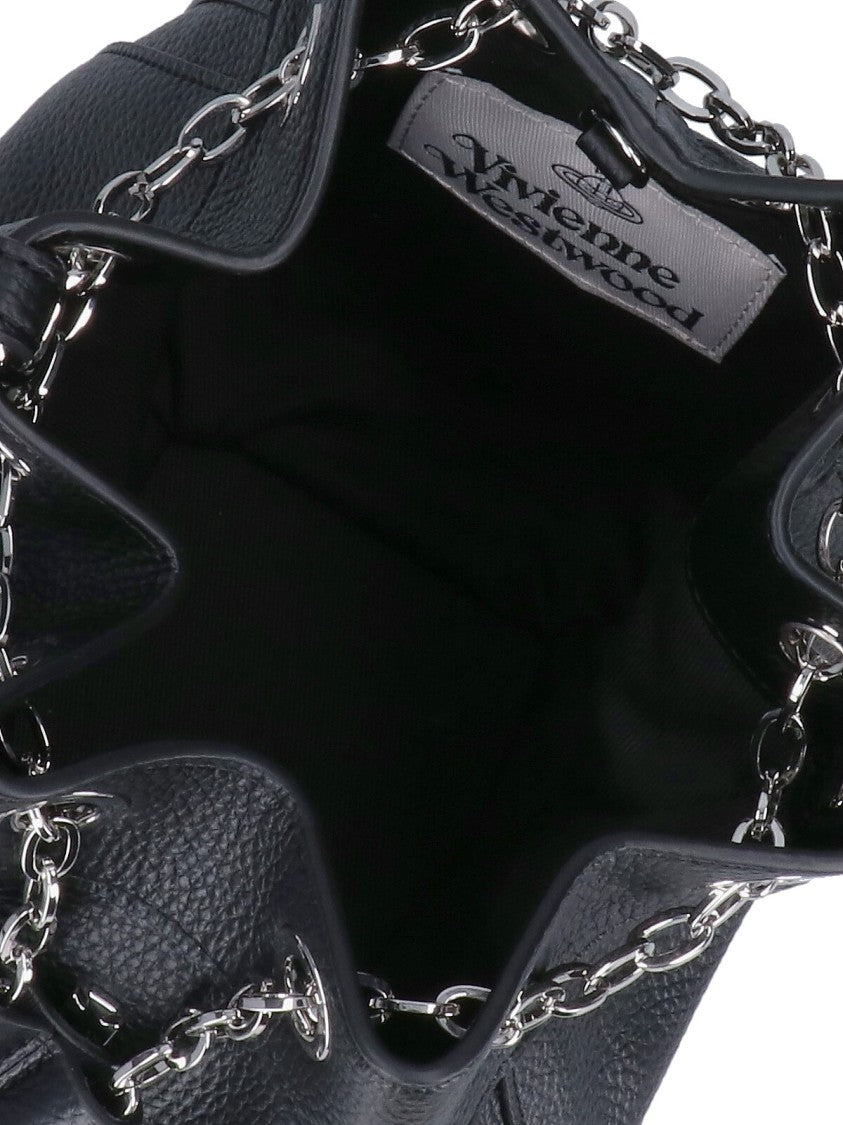 Vivienne Westwood Pebbled Black Bag With Drawstring Closure And Chain Accents