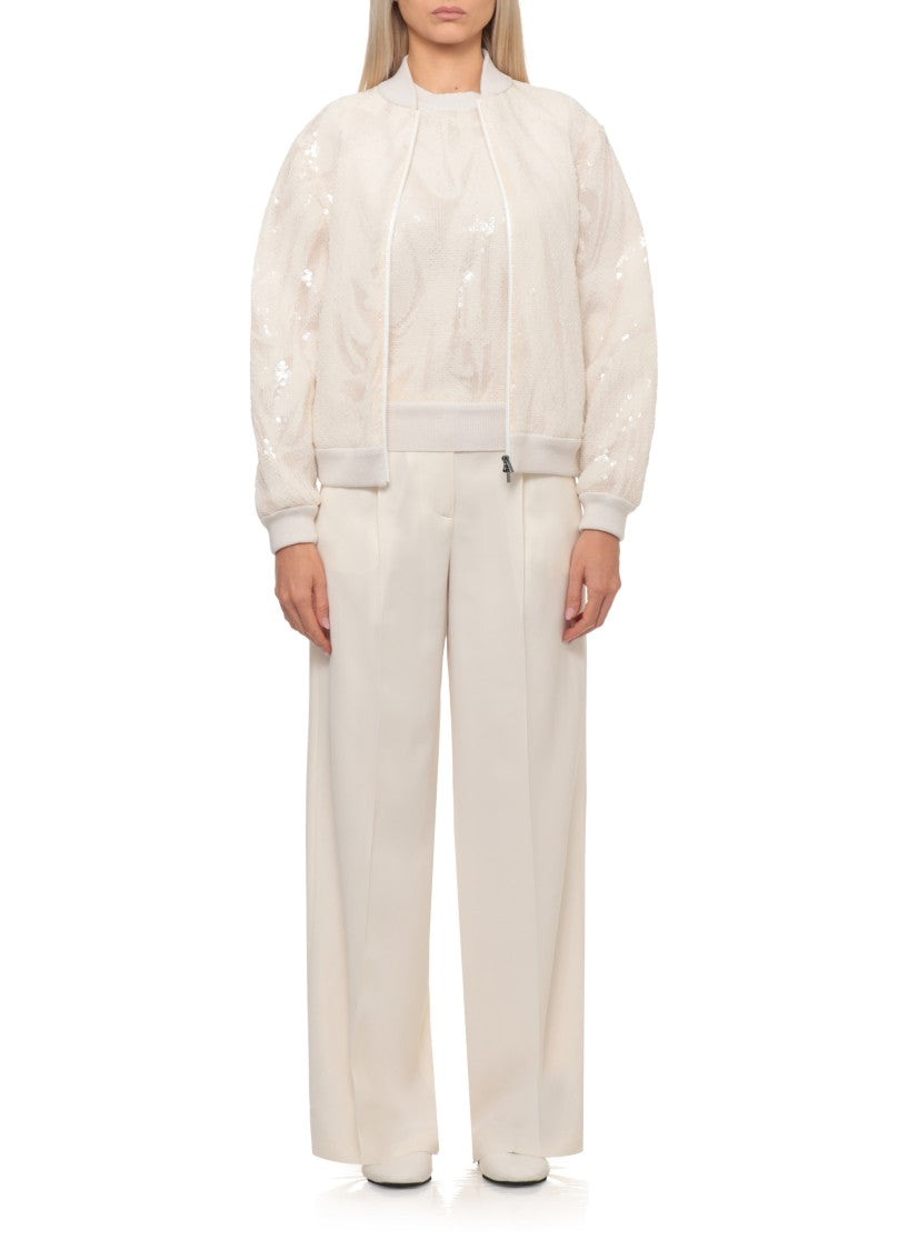 Peserico Aurea Ivory Sequined Ribbed Trim Zip Jacket
