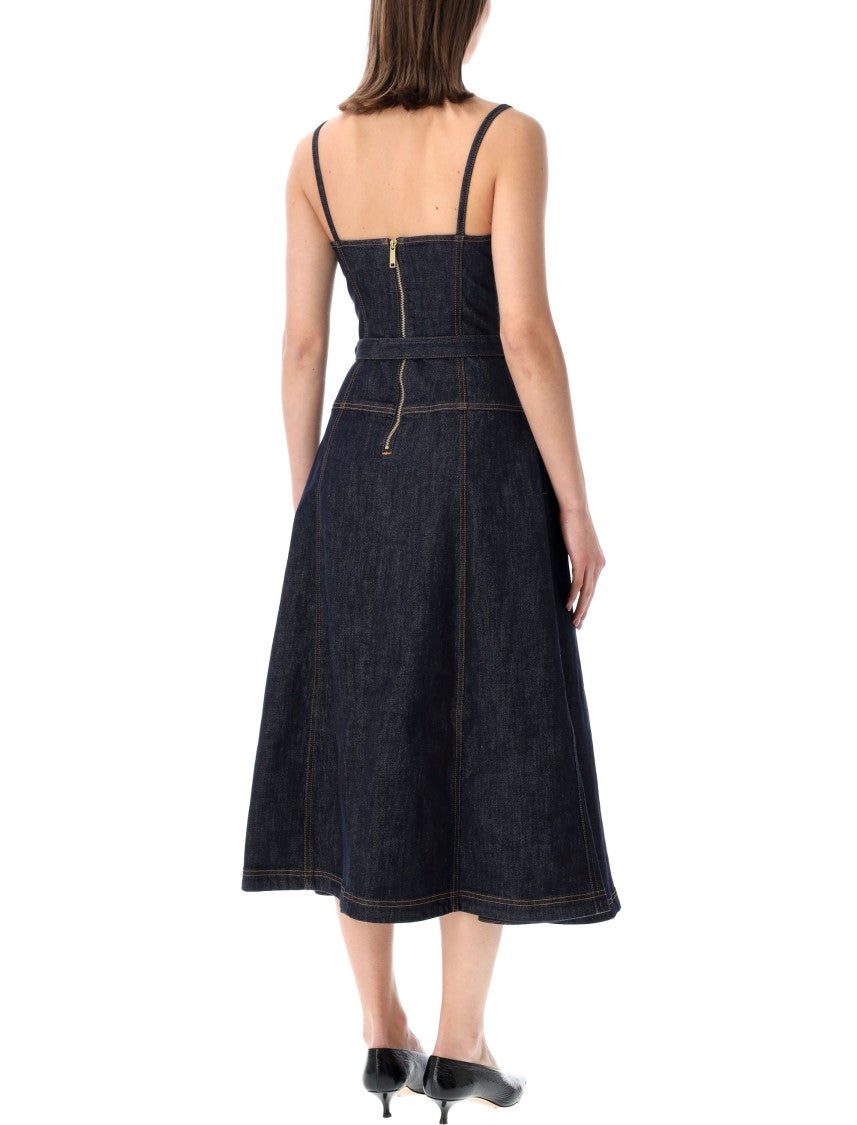 Self-Portrait Blue Sweetheart Neck Fluid Denim Dress