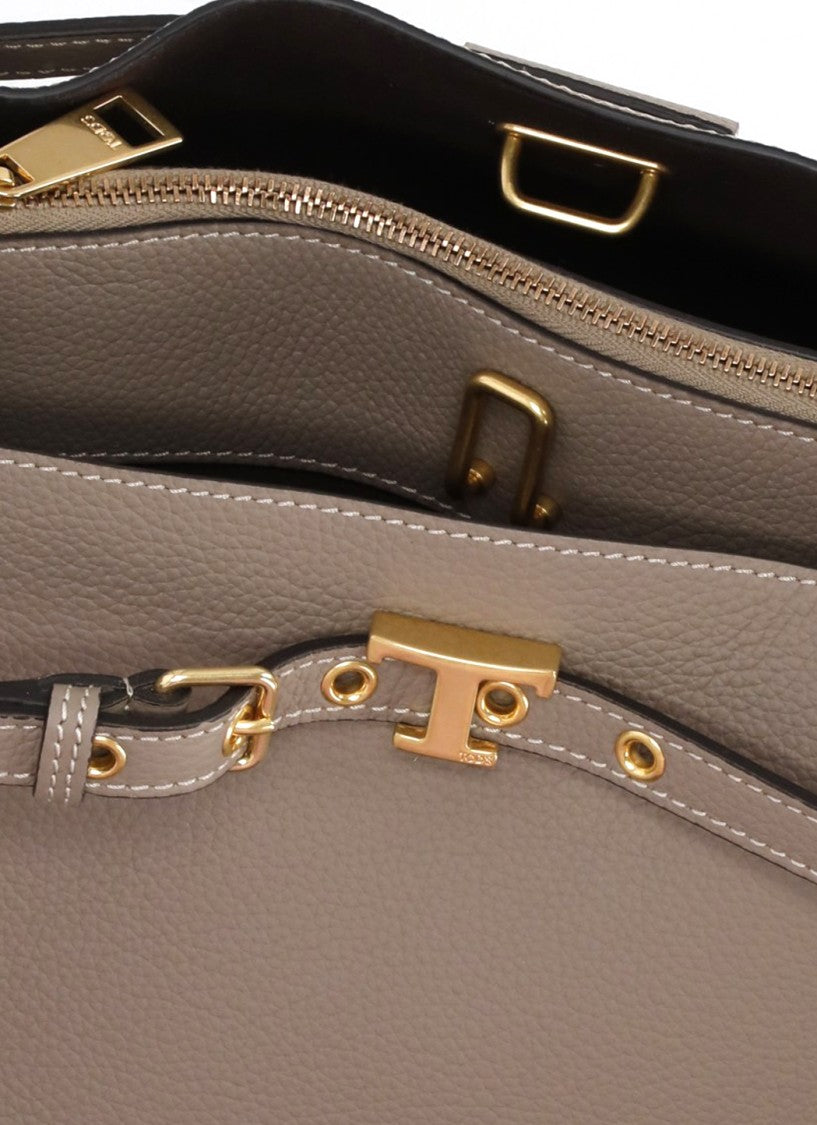 Tod's Timeless Beige Leather Top Handle Bag With Metallic Logo