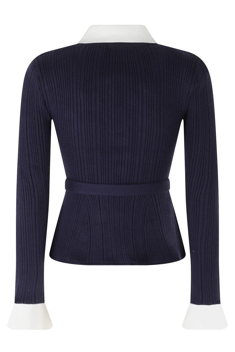 Self-Portrait Navy Ribbed Jeweled Button V-Neck Cardigan