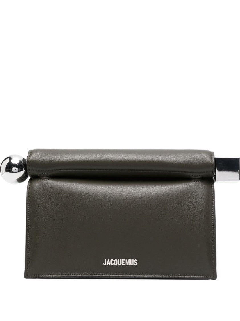 Jacquemus Structured Khaki Lambskin Clutch With Silver-Tone Detail