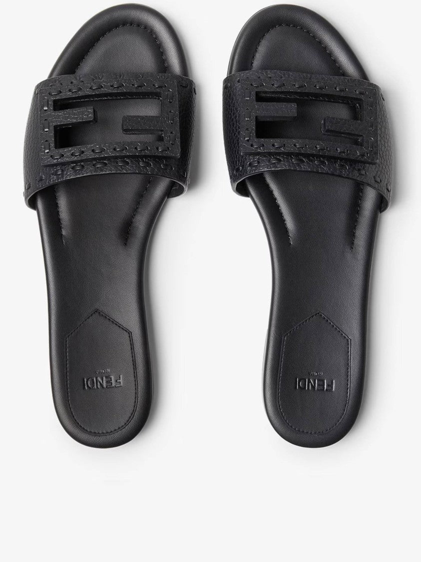 Fendi Textured Black Slide Sandal With Geometric Cut-Outs